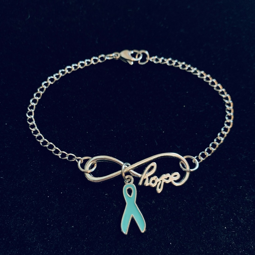 Infinity “Hope” stainless steel bracelet with teal ribbon charm - Picture 2 of 5